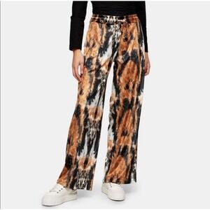NEW TopShop Women's Size 6 Brown Black Wide Leg Velour Tie Dye Pants
